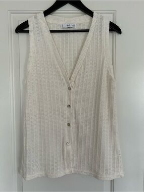 NWOT MANGO MNG Sleeveless V-Neck Button Front Openwork Knit Top Cream Sz M